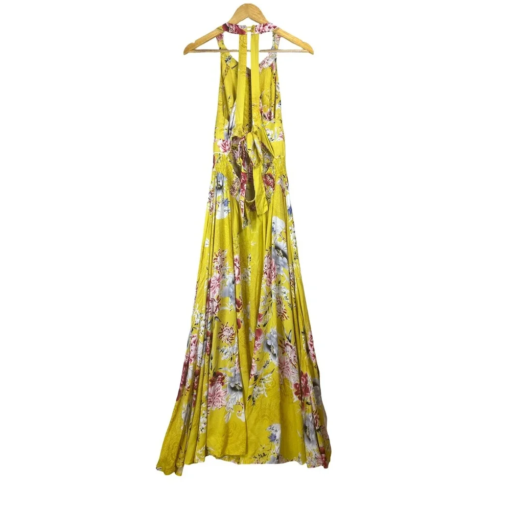 Jaase Yellow Floral Halter‎ Maxi Dress XL Crochet Smocked Vacay Tropical Boho